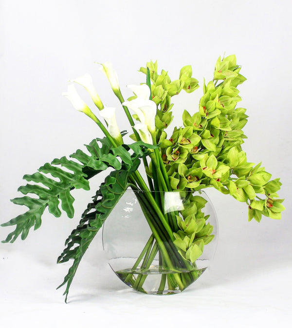 Thai queen orchid and calla silk arrangement in green