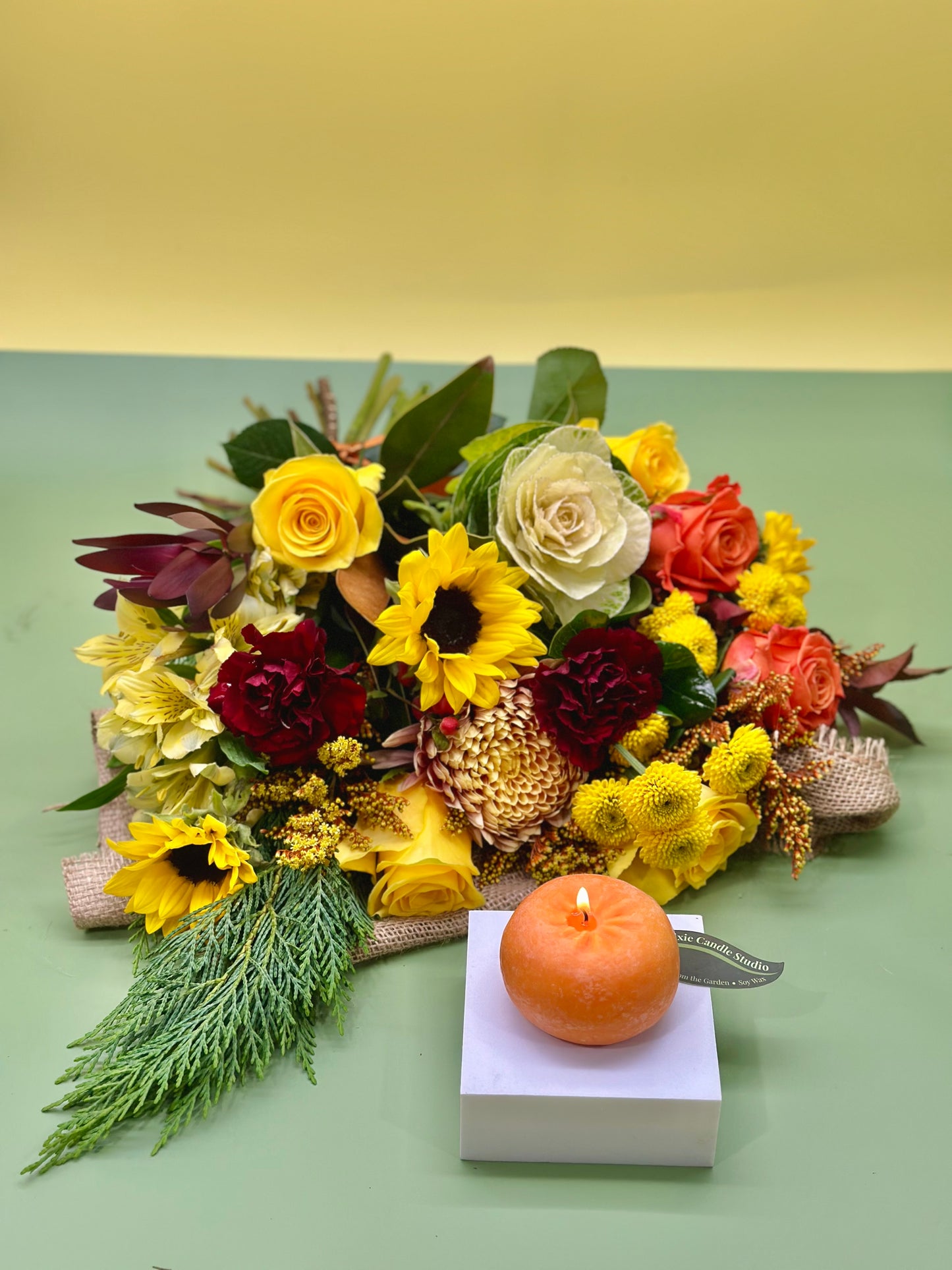 Fall garden bouquet and candle