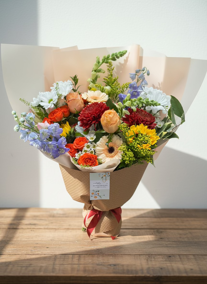 A large bouquet of fresh flowers including sunflowers, daisies, and delphiniums with a mix of other flowers in a variety of colors, wrapped in paper and tied with a ribbon.