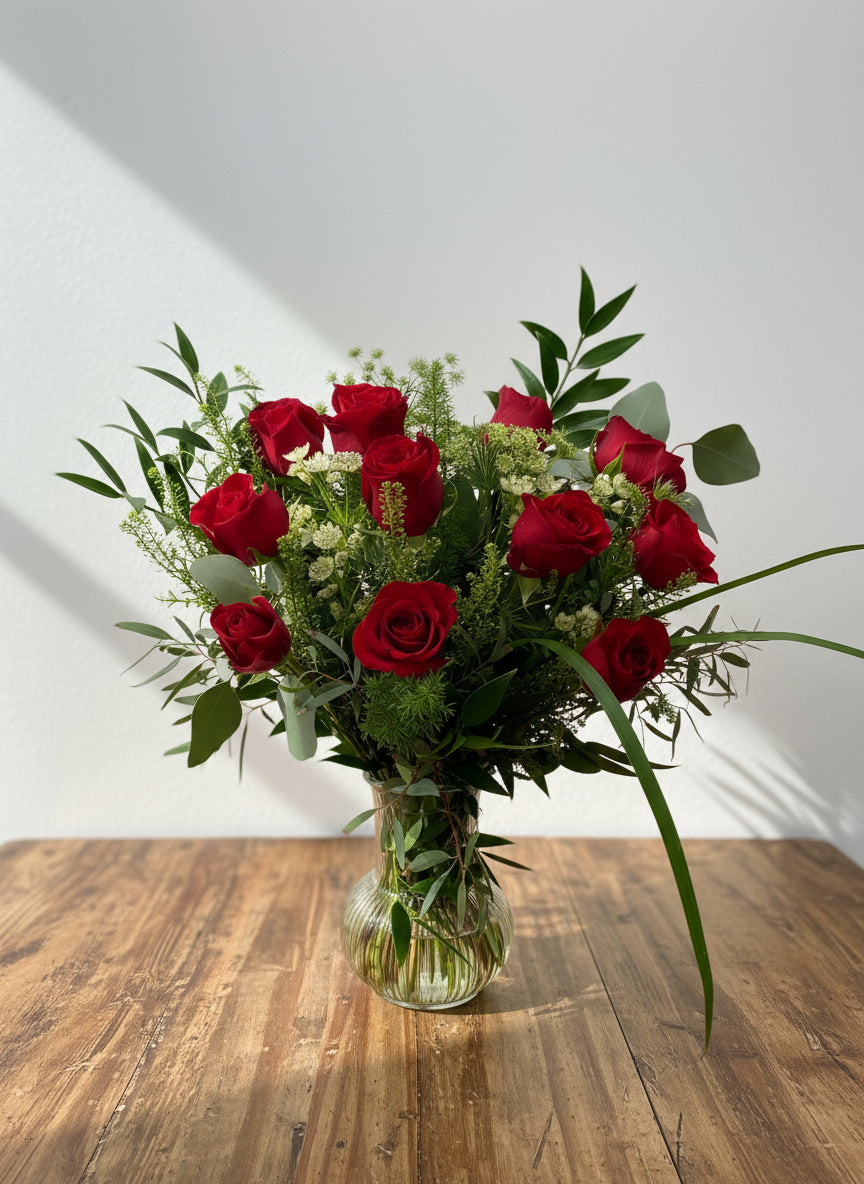 Classic dozen rose garden style arrangement